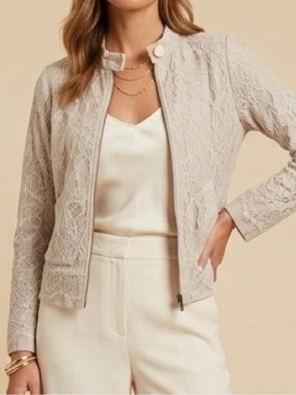 NEW Blue Life Light Beige Lace Zip Jacket Blazer Mandarin Collar jacket XS XSMAL